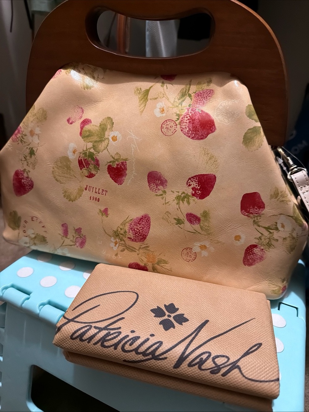 Patricia Nash Beige Floral Strawberry Print Tote with Wooden Handle